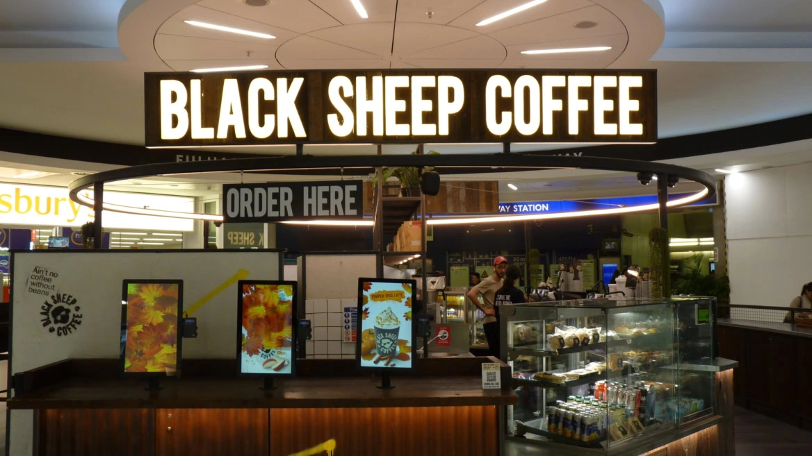 black sheep coffee kiosk, mall interior