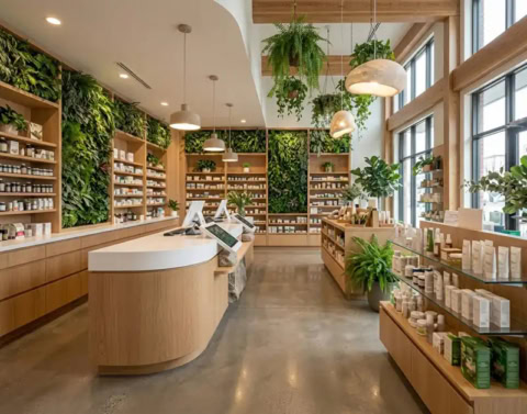 boutique beauté naturelle, bois clair et plantes luxuriantes