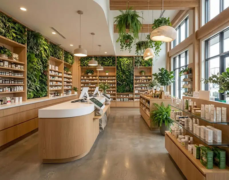 boutique beauté naturelle, bois clair et plantes luxuriantes