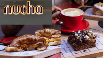 café nucha, latte, croissants y pastel de chocolate