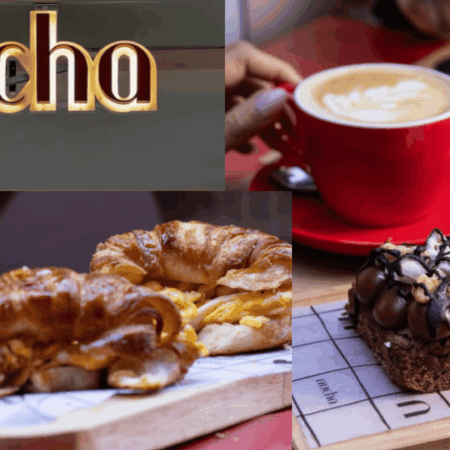 café nucha, latte, croissants y pastel de chocolate