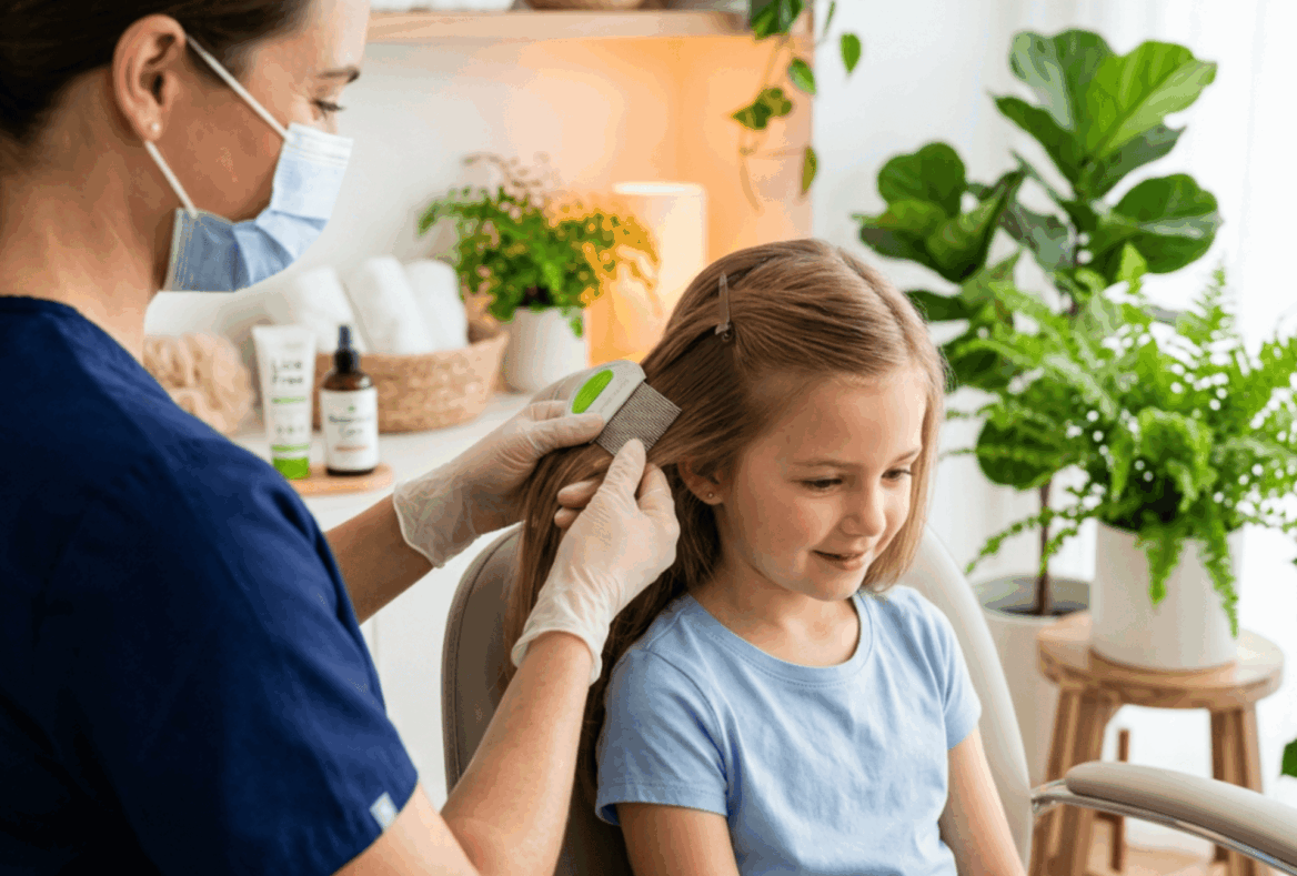 operatrice sanitaria controlla i capelli di una bambina