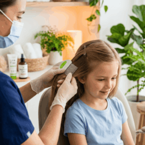 operatrice sanitaria controlla i capelli di una bambina