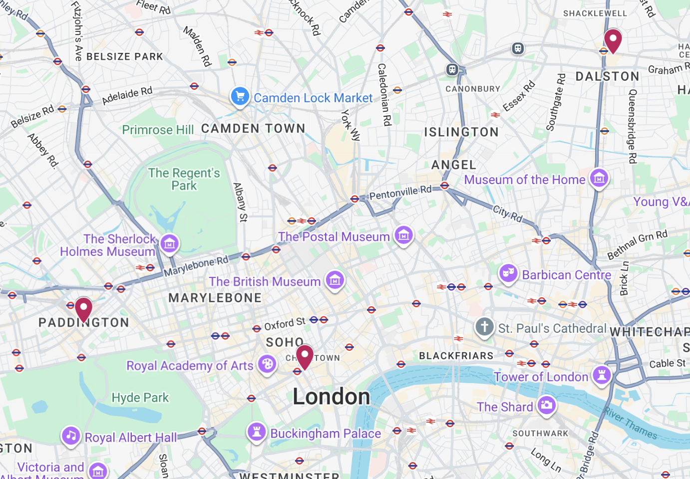 central london map: landmarks, parks and thames