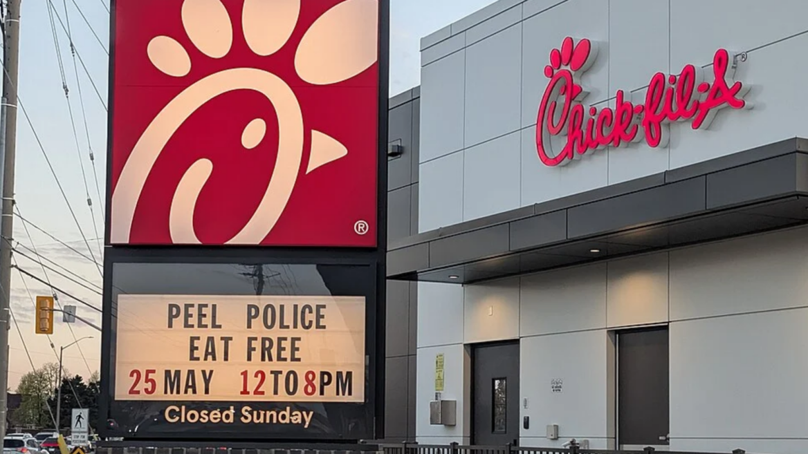 chick fil a sign: peel police eat free event