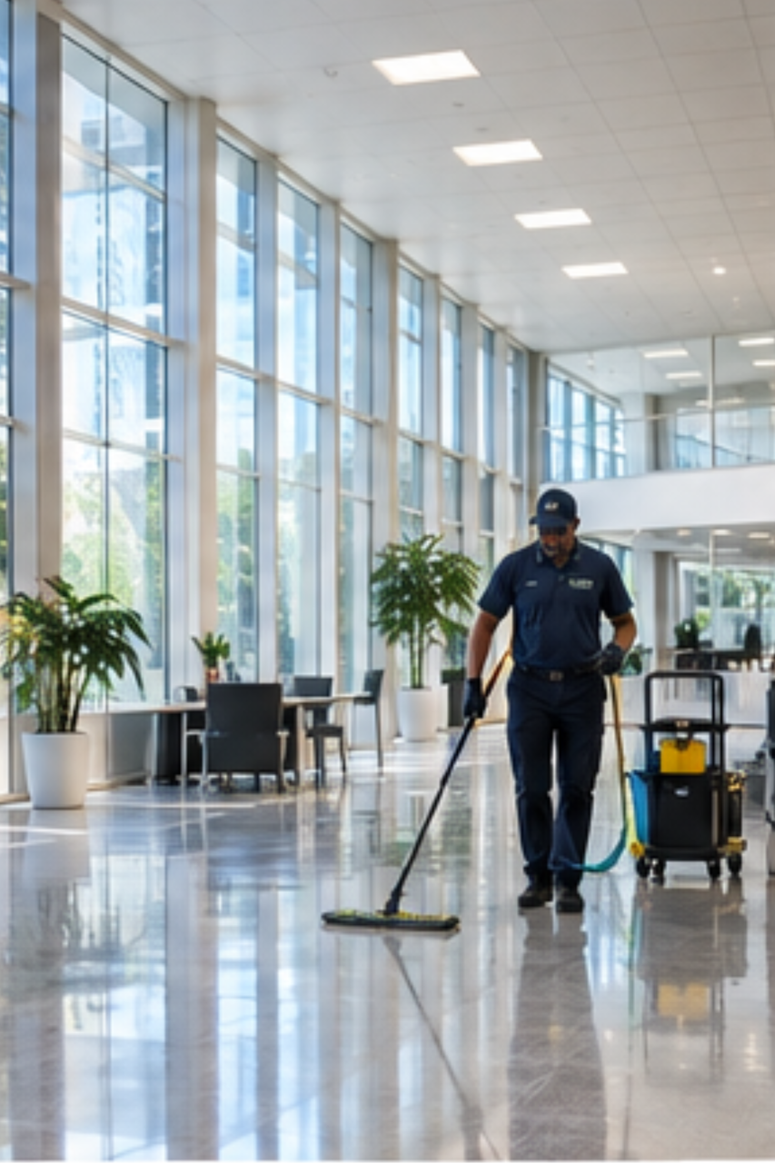 janitorial worker cleaning glossy modern lobby floor