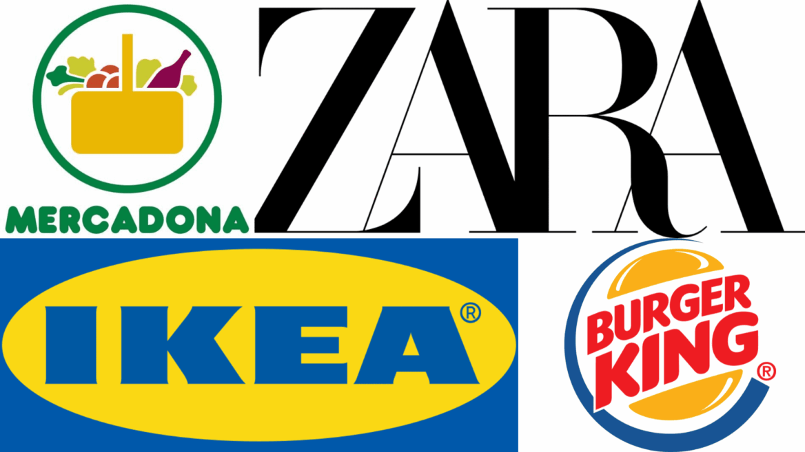 collage de logos: mercadona, zara, ikea y burger king