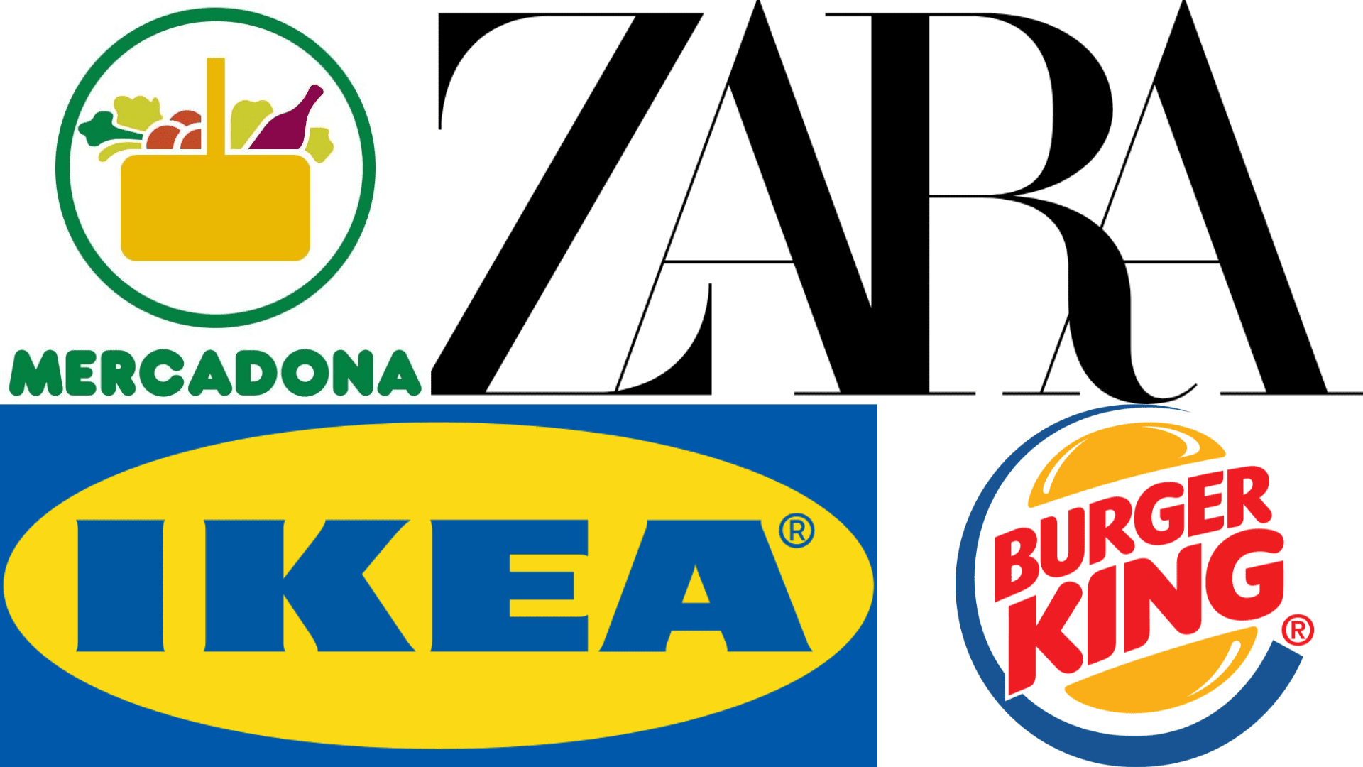 collage de logos: mercadona, zara, ikea y burger king