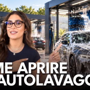 donna presenta un autolavaggio moderno e automatico