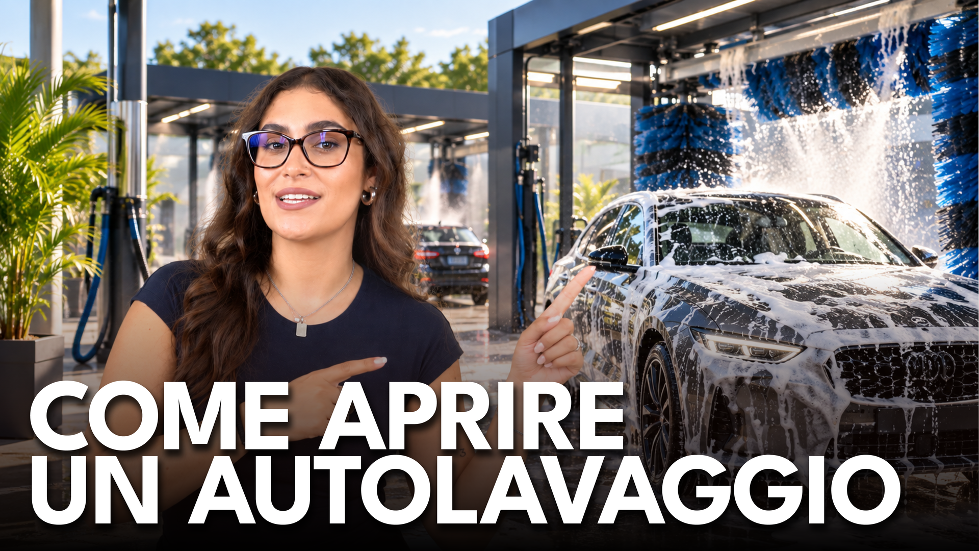 donna presenta un autolavaggio moderno e automatico