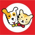 cute cat and dog emblem on red background