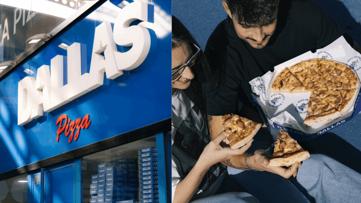 fachada dallas pizza y pareja compartiendo pizza