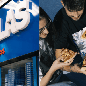 fachada dallas pizza y pareja compartiendo pizza