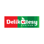logo delikatesy centrum z jabłkiem i czerwono zielonym napisem