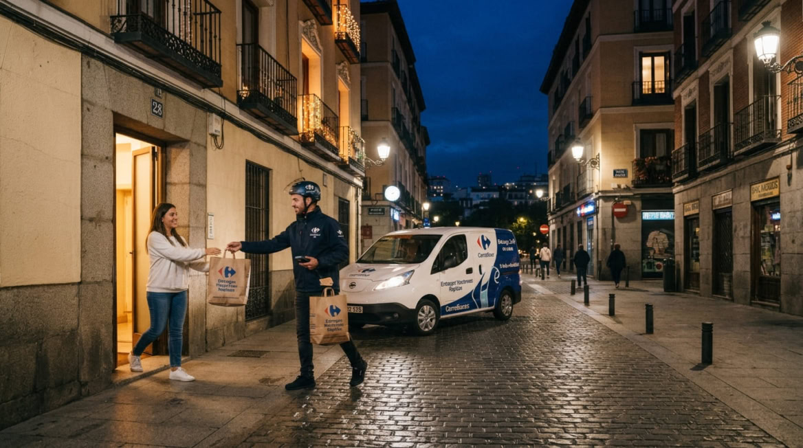 repartidor entrega paquete en calle europea nocturna