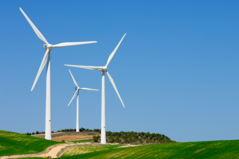 Éoliennes blanches sur colline verte, ciel bleu