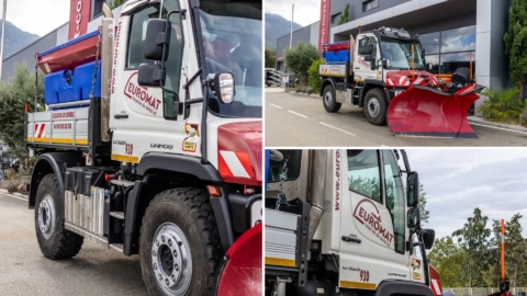 mercedes unimog euromat avec chasse neige et Épandeur