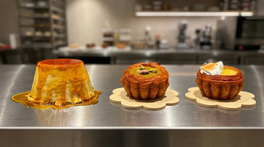 flan y tartaletas artesanales en mostrador de acero