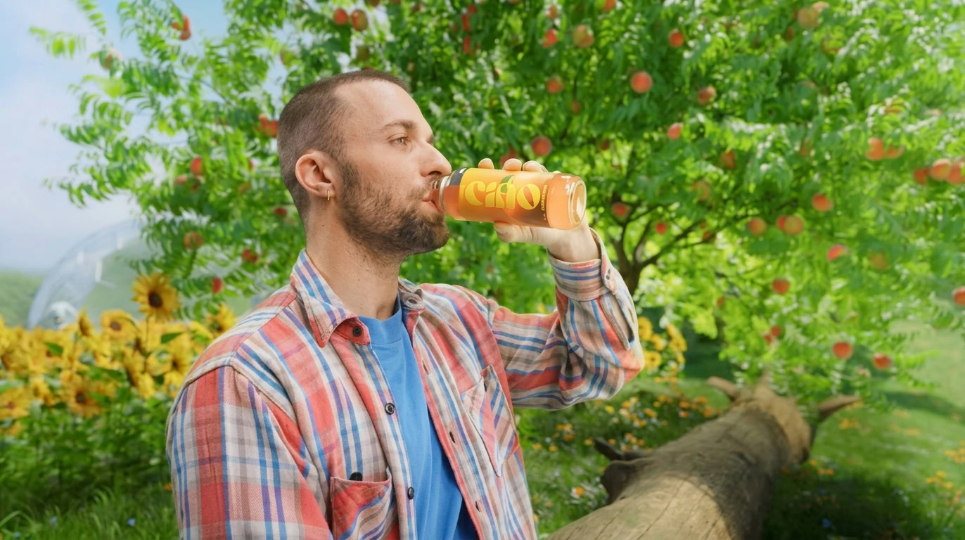 homme dans un verger, boisson orange au soleil