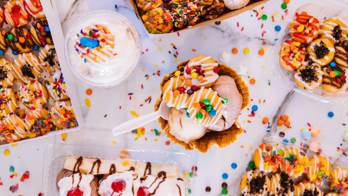 colorful ice cream waffle dessert spread