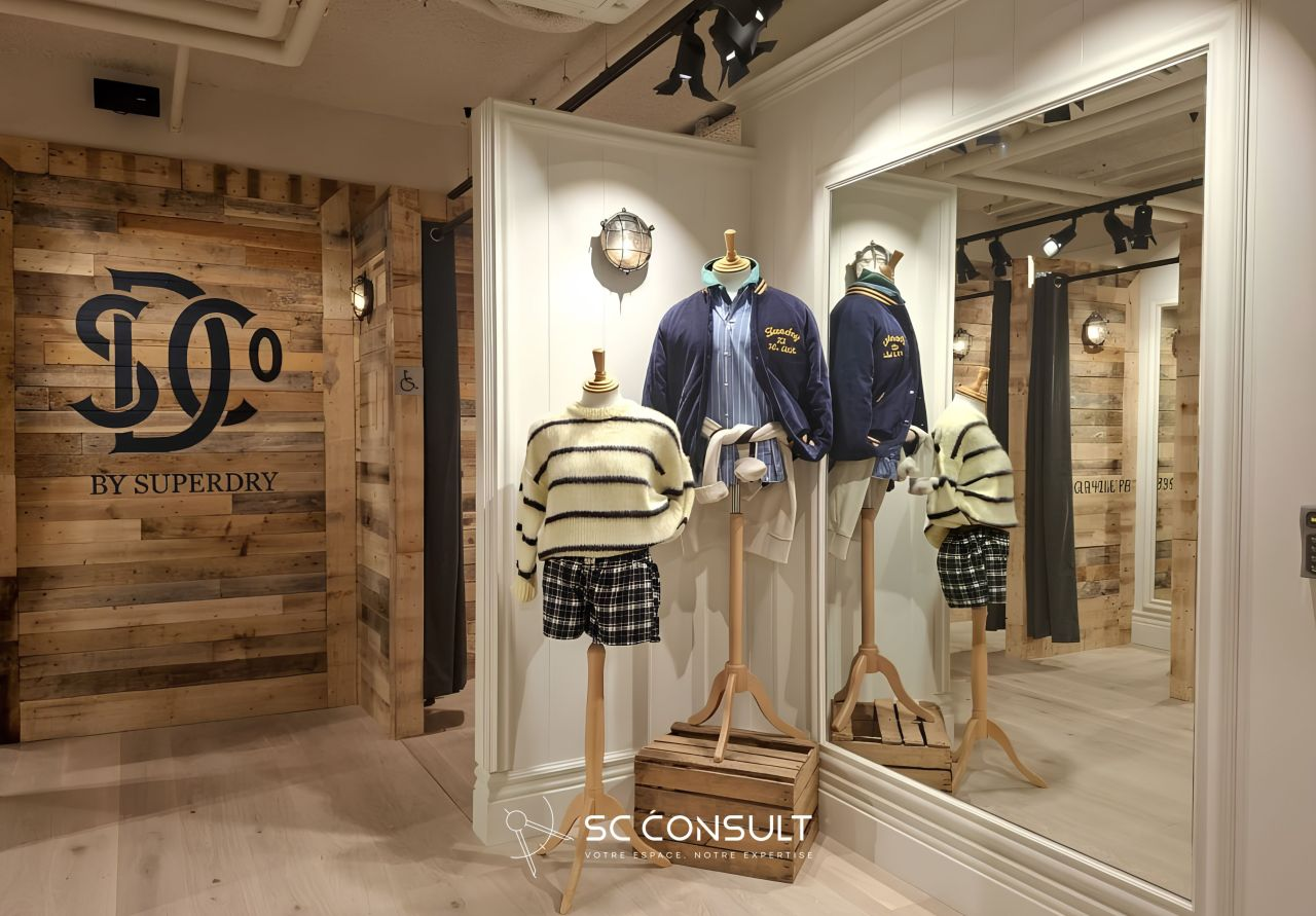 boutique superdry en bois avec mannequins et miroir