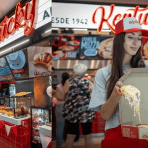pizza kentucky en centro comercial, mujer con porción