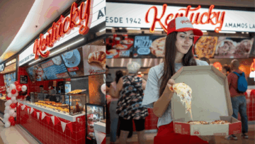 pizza kentucky en centro comercial, mujer con porción