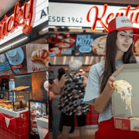pizza kentucky en centro comercial, mujer con porción