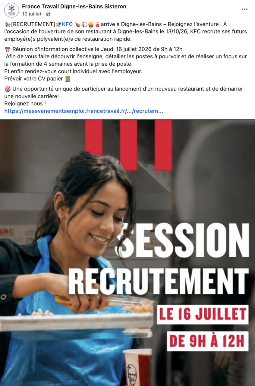 recrutement kfc à digne les bains : session le 16 juillet
