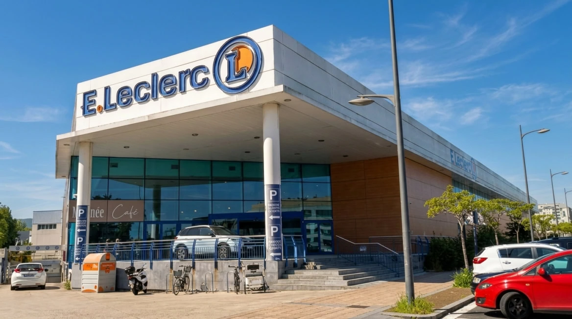 façade e.leclerc et parking ensoleillé