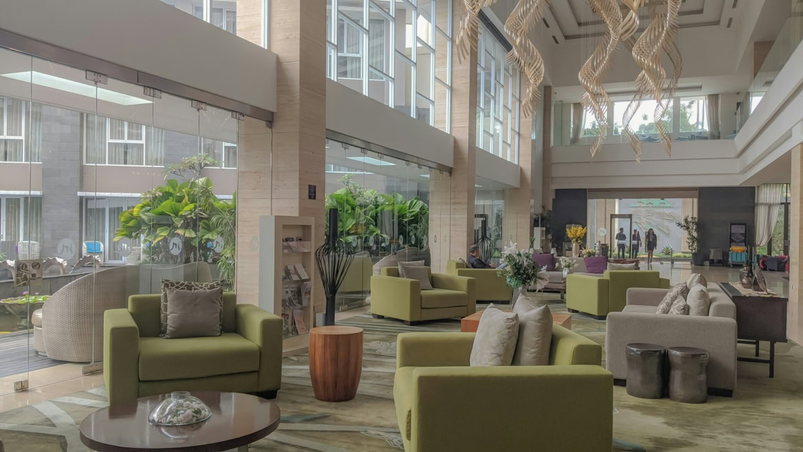 luxury hotel lobby with tropical lounge design