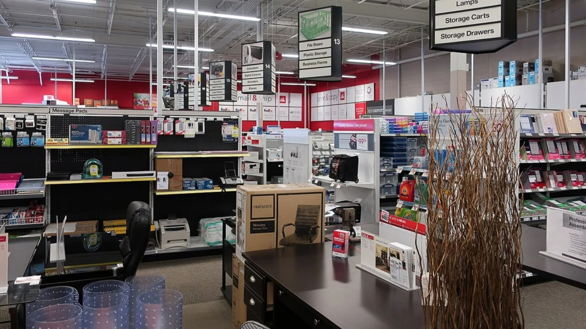 magasin de fournitures de bureau avec rayons et mobilier