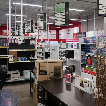 magasin de fournitures de bureau avec rayons et mobilier