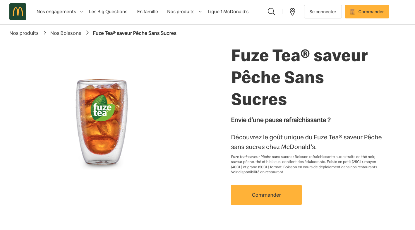 fuze tea pêche sans sucres chez mcdonald’s