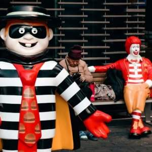 statue mcdonald’s colorate con cliente seduto