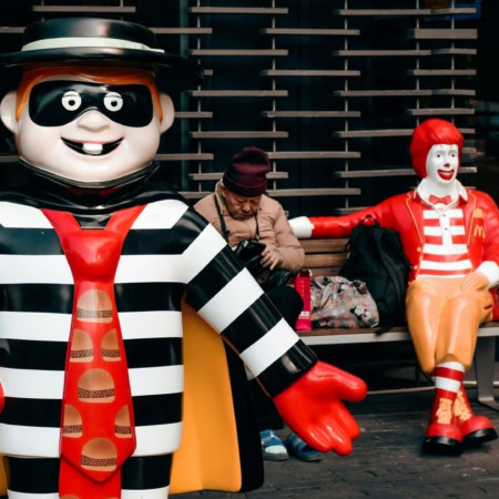 statue mcdonald’s colorate con cliente seduto