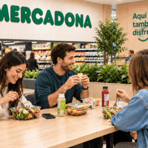 comedor mercadona moderno con jóvenes comiendo ensaladas