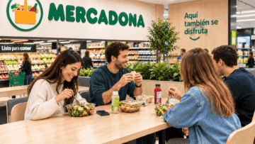 comedor mercadona moderno con jóvenes comiendo ensaladas