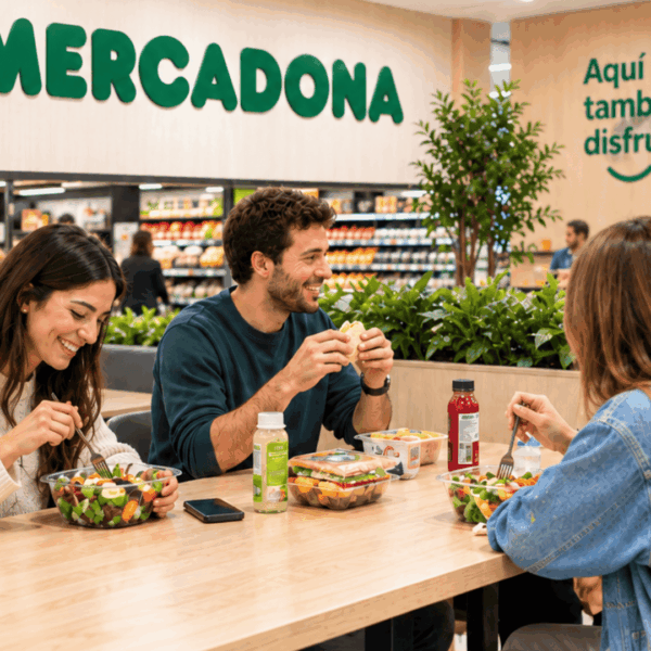 comedor mercadona moderno con jóvenes comiendo ensaladas