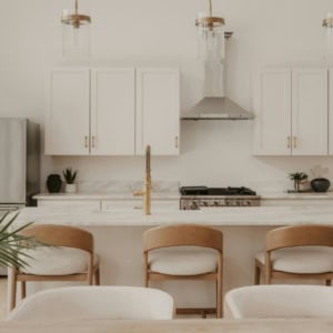 bright modern kitchen with marble island