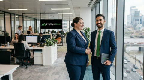 corporate handshake in modern office skyview