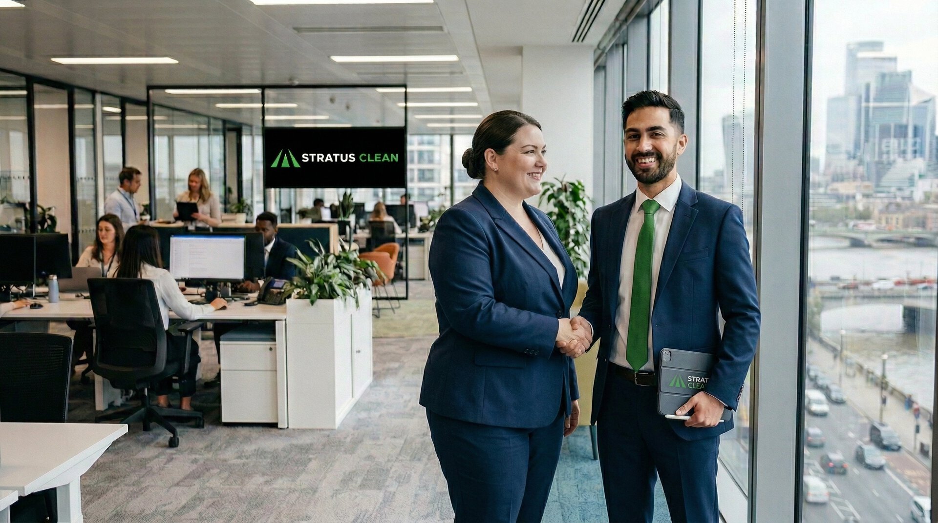 corporate handshake in modern office skyview