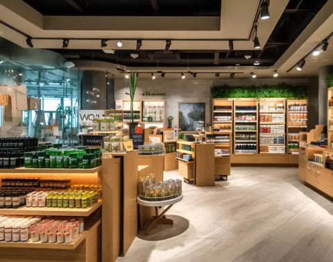boutique bien Être moderne avec rayonnages en bois