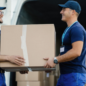 professional movers carrying box by truck