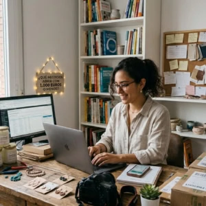 mujer emprendedora gestionando negocio desde casa