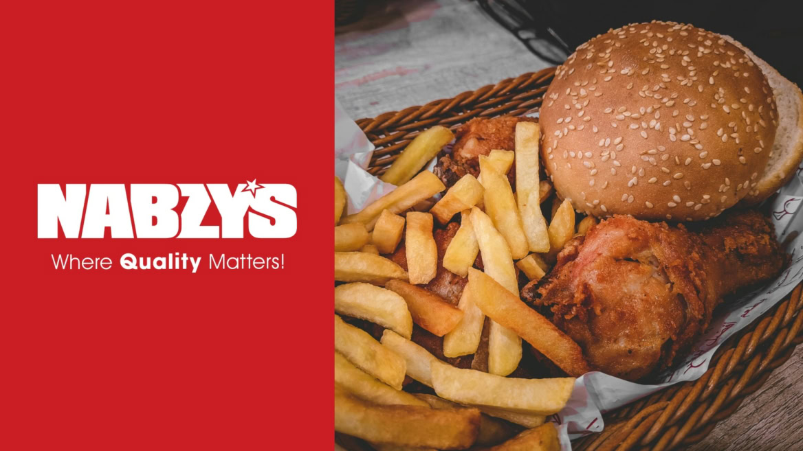 nabzy’s fast food banner with burger and fries
