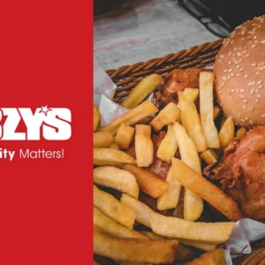 nabzy’s fast food banner with burger and fries