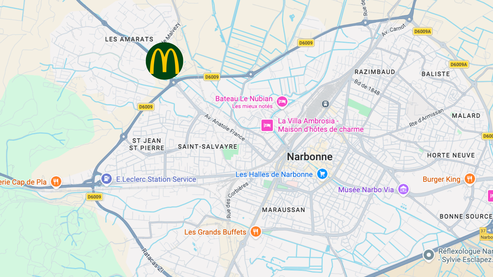 narbonne : carte google maps avec mcdonald’s et d6009