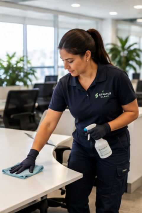 professional office cleaning woman disinfecting desk