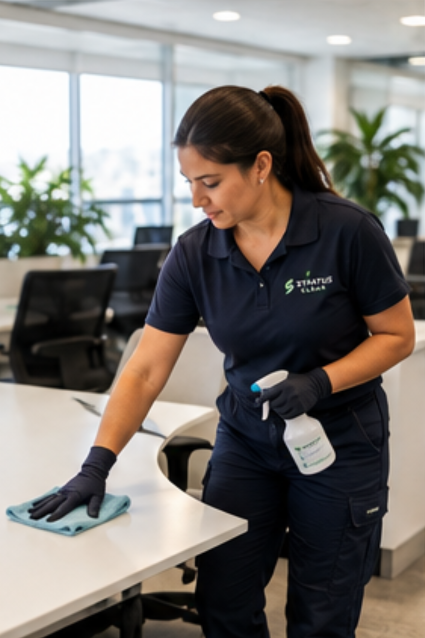 professional office cleaning woman disinfecting desk